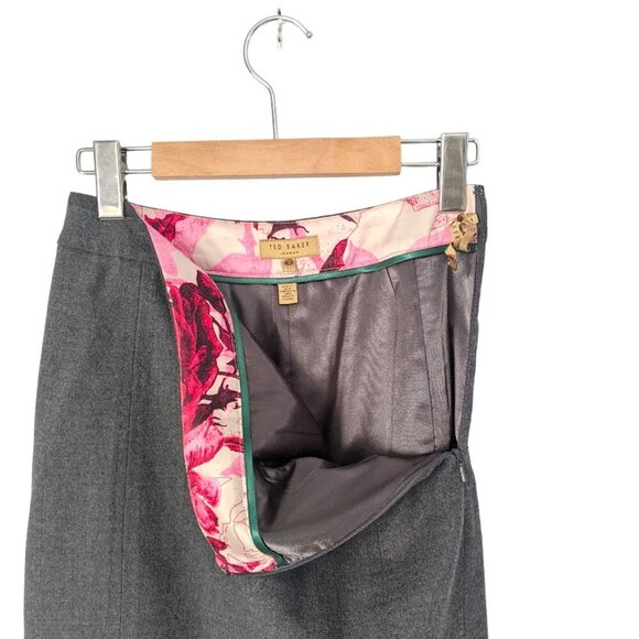 Ted Baker Wool Pencil Skirt Fitted Ruffled Back Office Classic Designer Grey - Picture 10 of 13